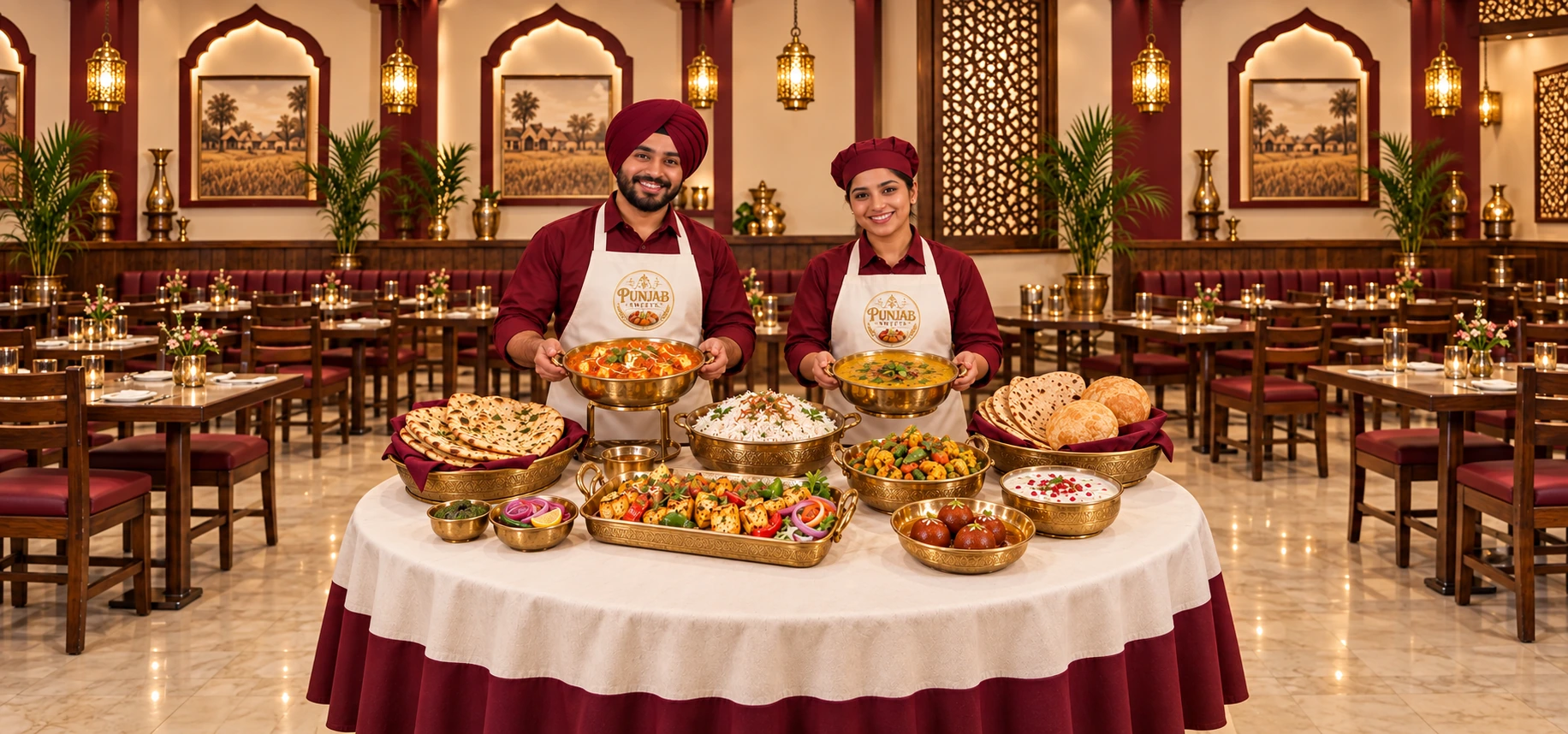 Illustrative Punjab Sweets catering staff wearing matching burgundy shirts and ivory logo aprons