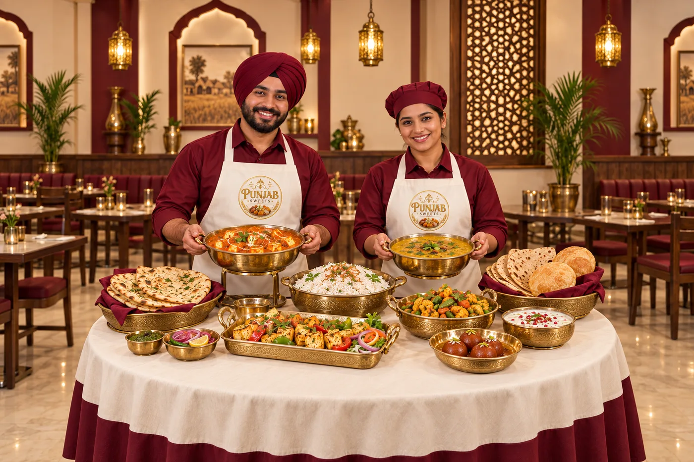 Punjab Sweets staff in burgundy shirts and ivory branded aprons serving a vegetarian buffet