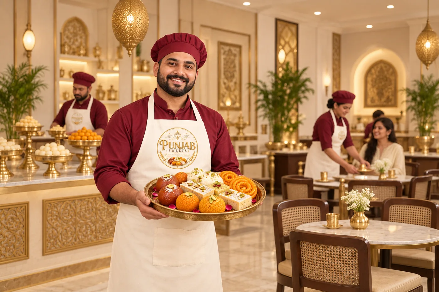 Punjab Sweets team member offering a tray of sweets