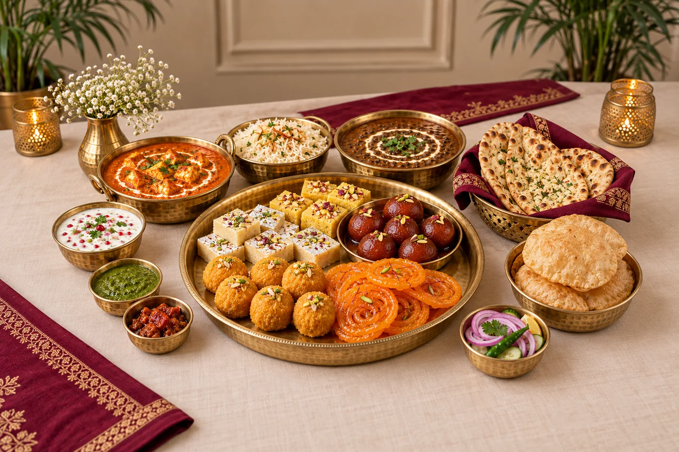 Punjabi vegetarian food and mithai arranged for sharing