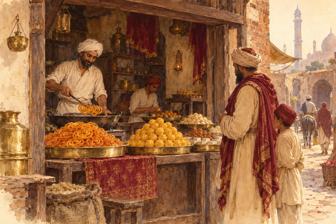 Illustrated interpretation of a small historic sweet shop in Lahore