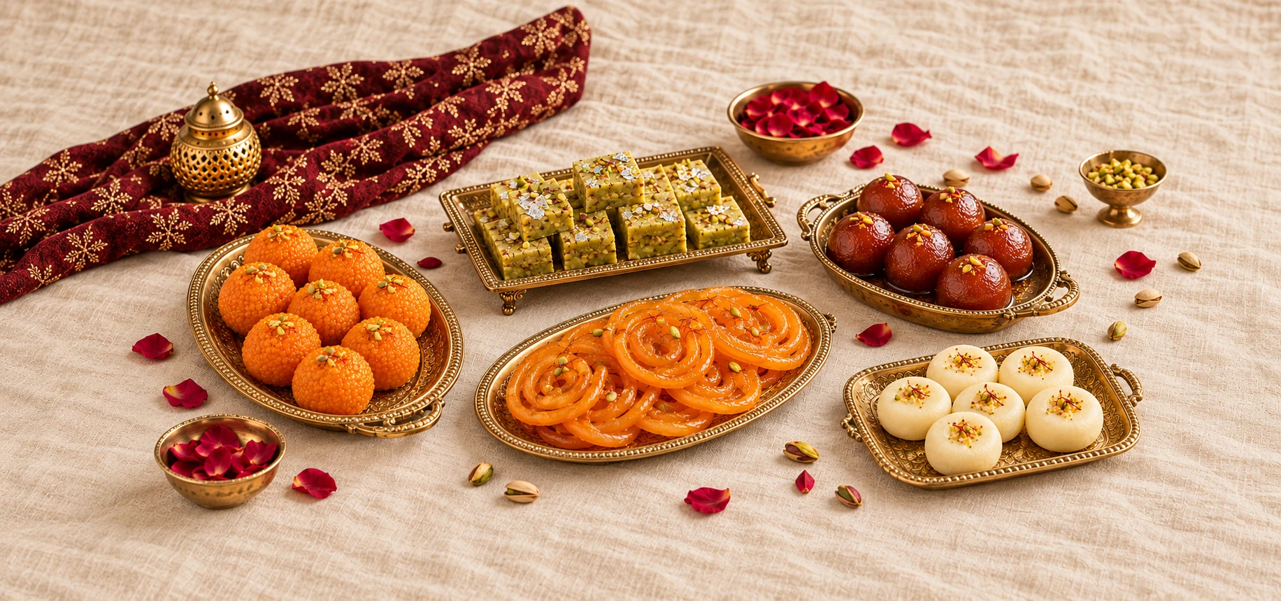 Punjabi mithai beautifully arranged on an uncropped brass serving platter