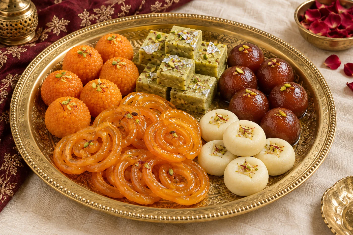 An assortment of Punjabi mithai displayed on a complete gold-toned tray