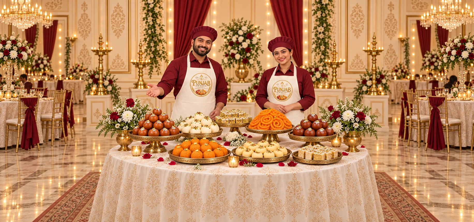 Ivory and gold wedding setting with mithai and Punjab Sweets staff in consistent branded uniforms